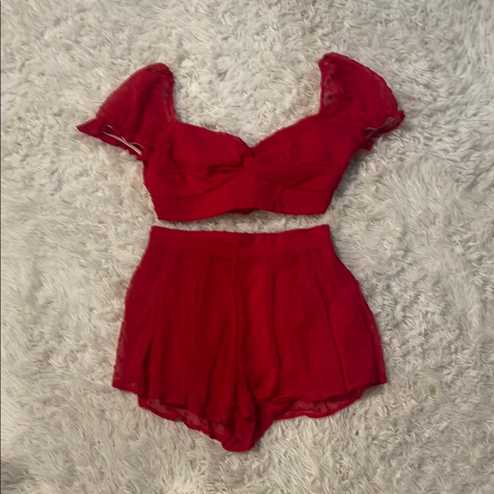 Red Two-Piece Set with Puff Sleeves
